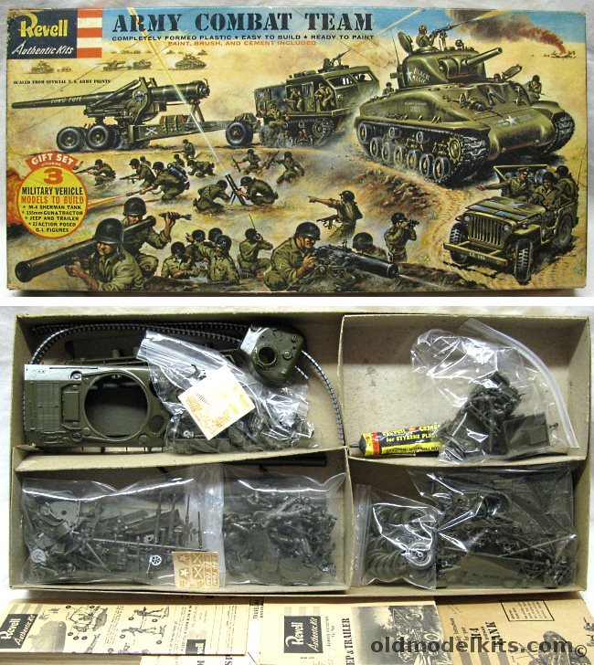 Revell 1/40 Army Combat Team Gift Set M4 (M-4) Sherman Tank 'Black Magic' / 155MM 'Long Tom' Gun and High Speed Tractor / Jeep and Trailer / G.I. Figures  - 'S' Kit, G527-498 plastic model kit